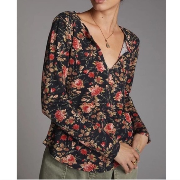 Pilcro Anthropologie Split-Neck Blouse Top Floral Printed Pullover Medium - Picture 1 of 9